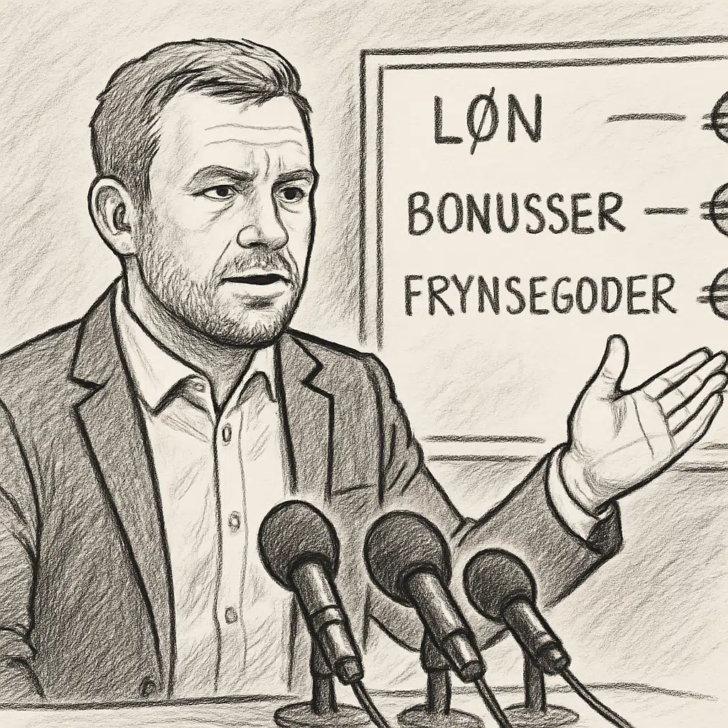 Jacob Neestrup som klubchef til pressemøde foran tavle med økonomioplysninger om løn, bonusser og frynsegoder.