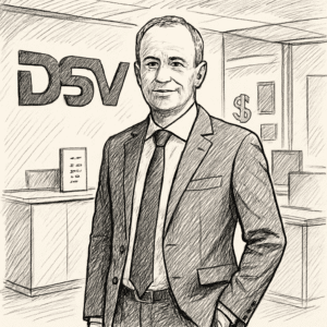 Jens Lund i jakkesæt foran DSV-logo på kontor, symboliserer lønforhandling og satser 2024