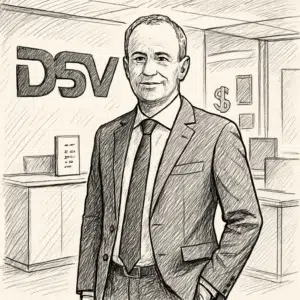 Jens Lund i jakkesæt foran DSV-logo på kontor, symboliserer lønforhandling og satser 2024