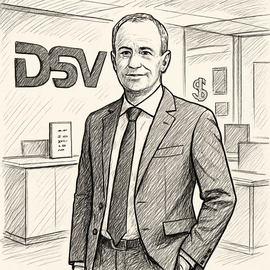Jens Lund i jakkesæt foran DSV-logo på kontor, symboliserer lønforhandling og satser 2024