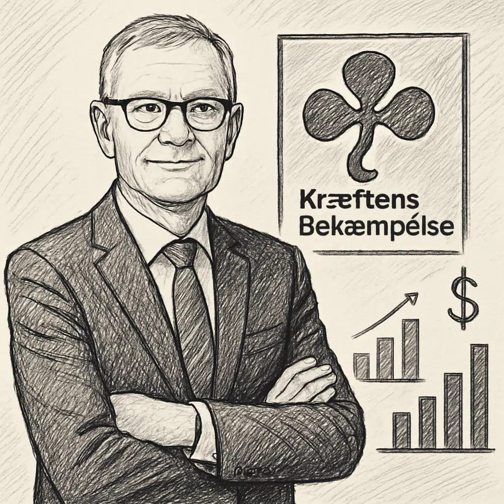 Jesper Fisker i jakkesæt foran Kræftens Bekæmpelses logo, symboliserer lønoverblik og branchelønssammenligning