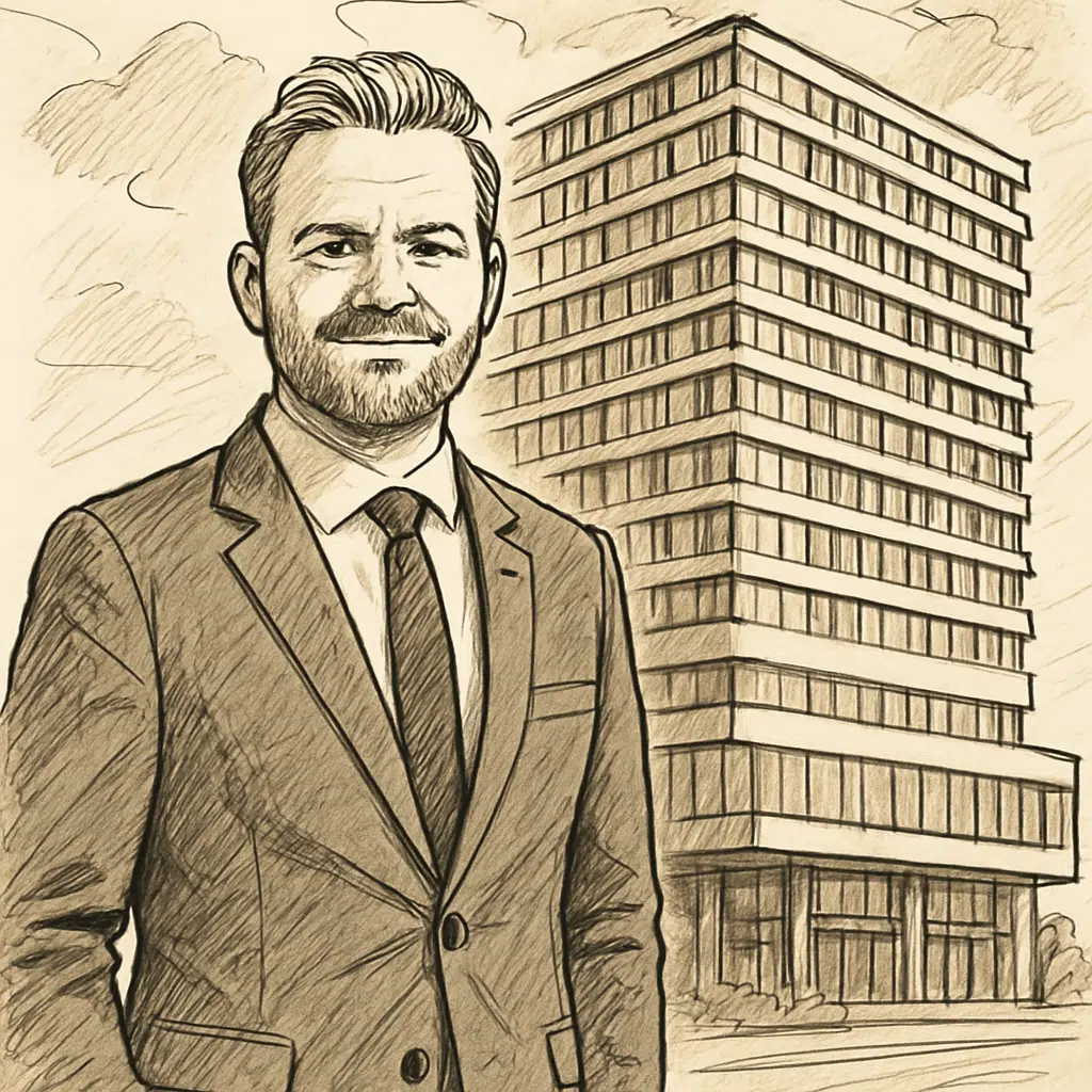 Jesper Koch i jakkesæt foran Alsik-hotellets facade i Sønderborg – tema om jesper koch løn alsik