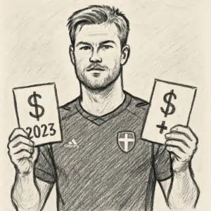 Portræt af danske fodboldstopper Joachim Andersen i spillertøj, der symboliserer afsløringen af hans løn og bonus for 2023.