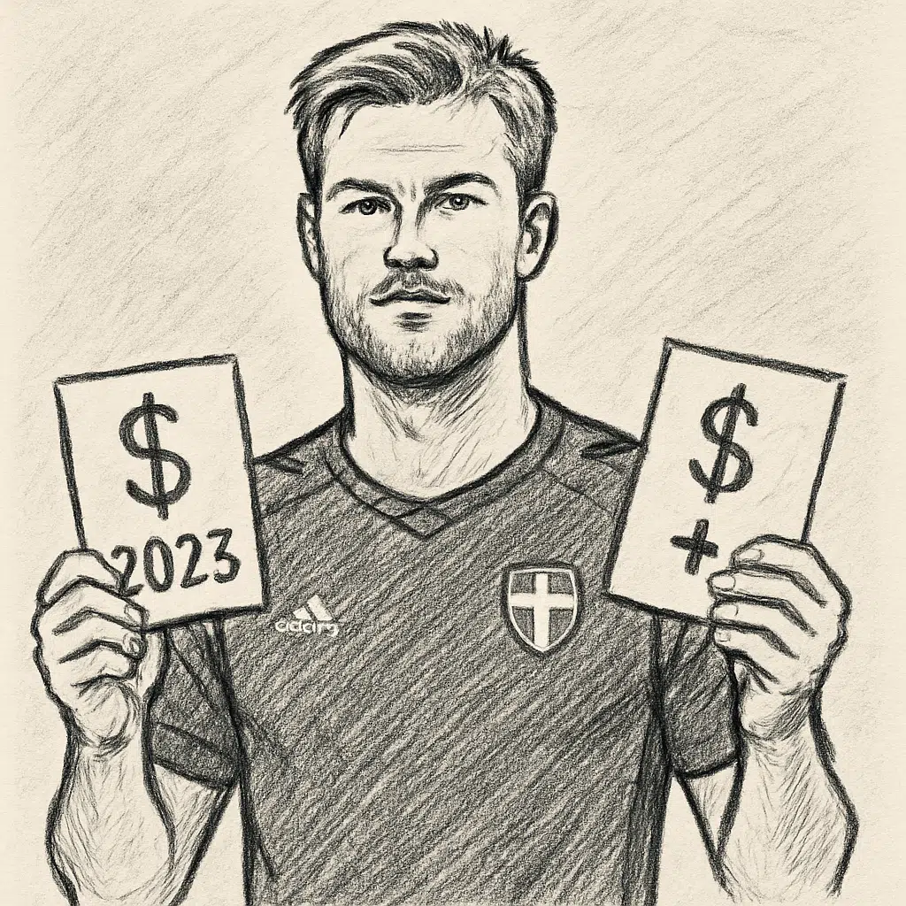 Portræt af danske fodboldstopper Joachim Andersen i spillertøj, der symboliserer afsløringen af hans løn og bonus for 2023.