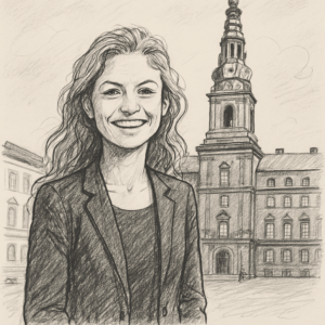 Johanne Schmidt-Nielsen smilende i mørk blazer foran Christiansborg i København, klar til at fortælle om sin løn.