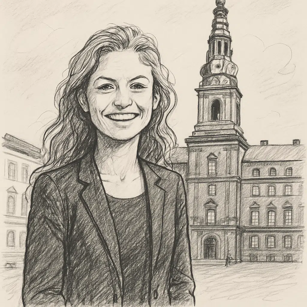 Johanne Schmidt-Nielsen smilende i mørk blazer foran Christiansborg i København, klar til at fortælle om sin løn.