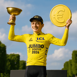 Jonas Vingegaard løn illustreret i gul trøje med trofæ på podiet ved Tour de France 2024, symbol på millionindtjeningen