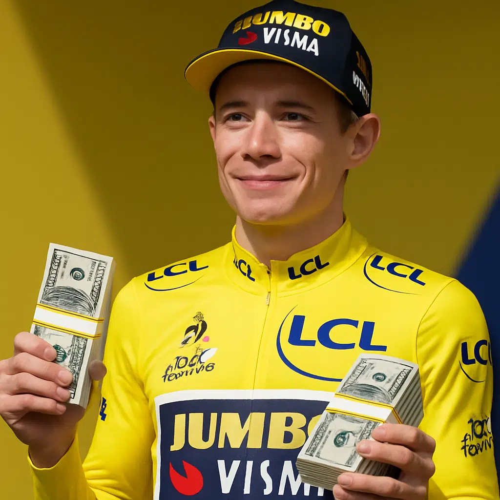 Jonas Vingegaard løn illustreret i gul trøje med trofæ på podiet ved Tour de France 2024, symbol på millionindtjeningen
