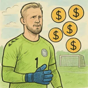 Kasper Schmeichel i målmandstrøje på banen med ikoner for penge der illustrerer hans løn i 2024