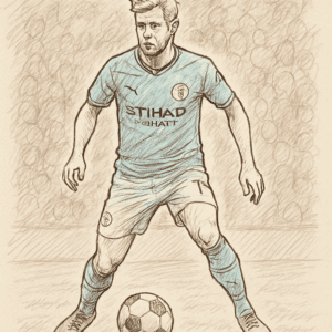 Kevin De Bruyne i Manchester City-dragt med bold på banen – artikel om kevin de bruyne løn, bonusser og kontraktvilkår