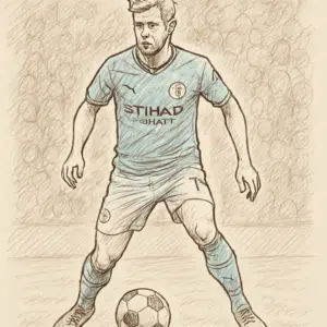 Kevin De Bruyne i Manchester City-dragt med bold på banen – artikel om kevin de bruyne løn, bonusser og kontraktvilkår