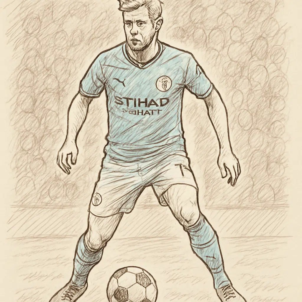 Kevin De Bruyne i Manchester City-dragt med bold på banen – artikel om kevin de bruyne løn, bonusser og kontraktvilkår