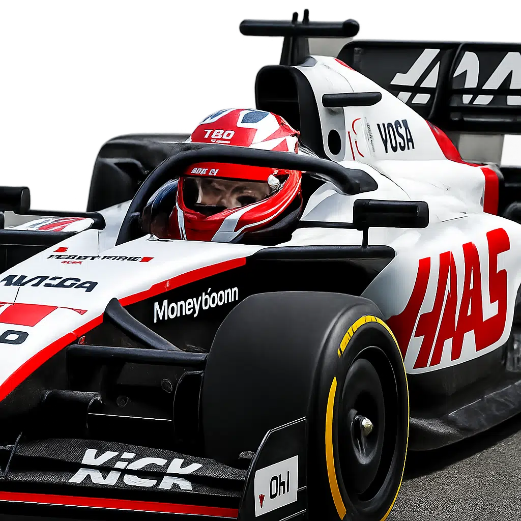 Kevin Magnussen bag rattet i sin Haas F1-racer med synlige sponsorlogoer, der symboliserer hans løn & bonusser 2024