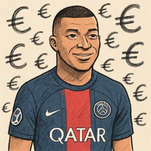 Portræt af Kylian Mbappé i PSG-trøje med euro-symboler, der illustrerer Kylian Mbappé løn i sæson 2023/24.