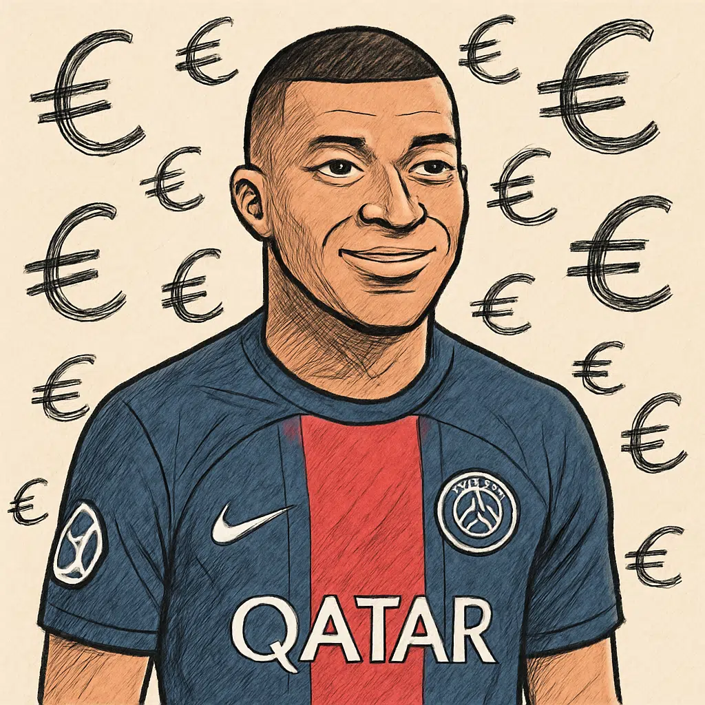 Portræt af Kylian Mbappé i PSG-trøje med euro-symboler, der illustrerer Kylian Mbappé løn i sæson 2023/24.