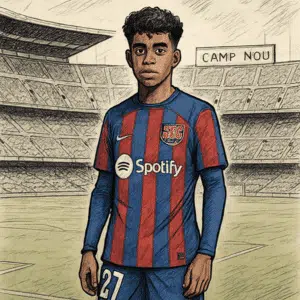 Lamine Yamal iklædt FC Barcelona-hjemmedragt på Camp Nou, der visuelt repræsenterer lamine yamal løn 2024