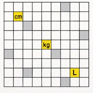 Krydsordsgitter med fremhævede måleenheder som cm, kg og L, klar til udfyldning