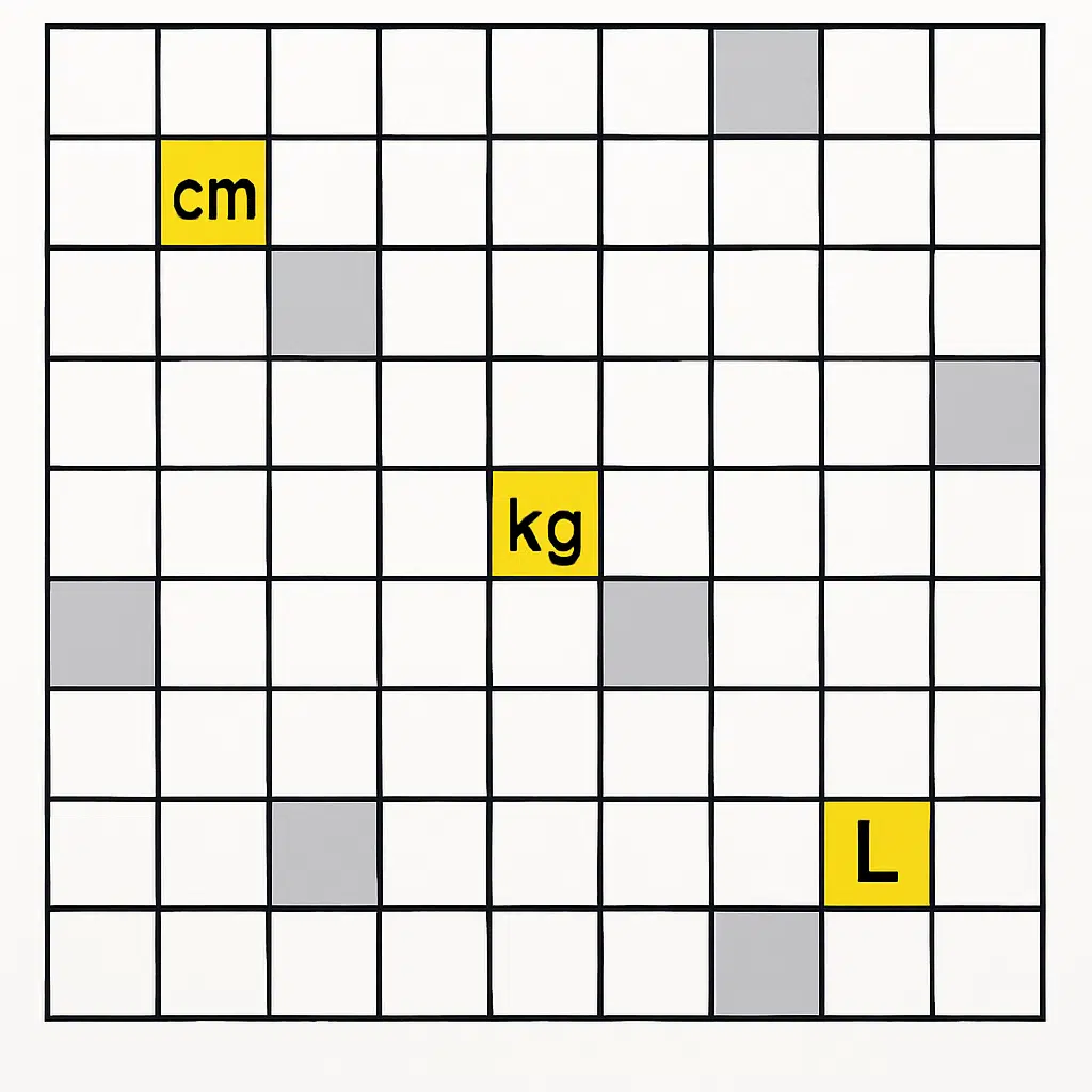 Krydsordsgitter med fremhævede måleenheder som cm, kg og L, klar til udfyldning