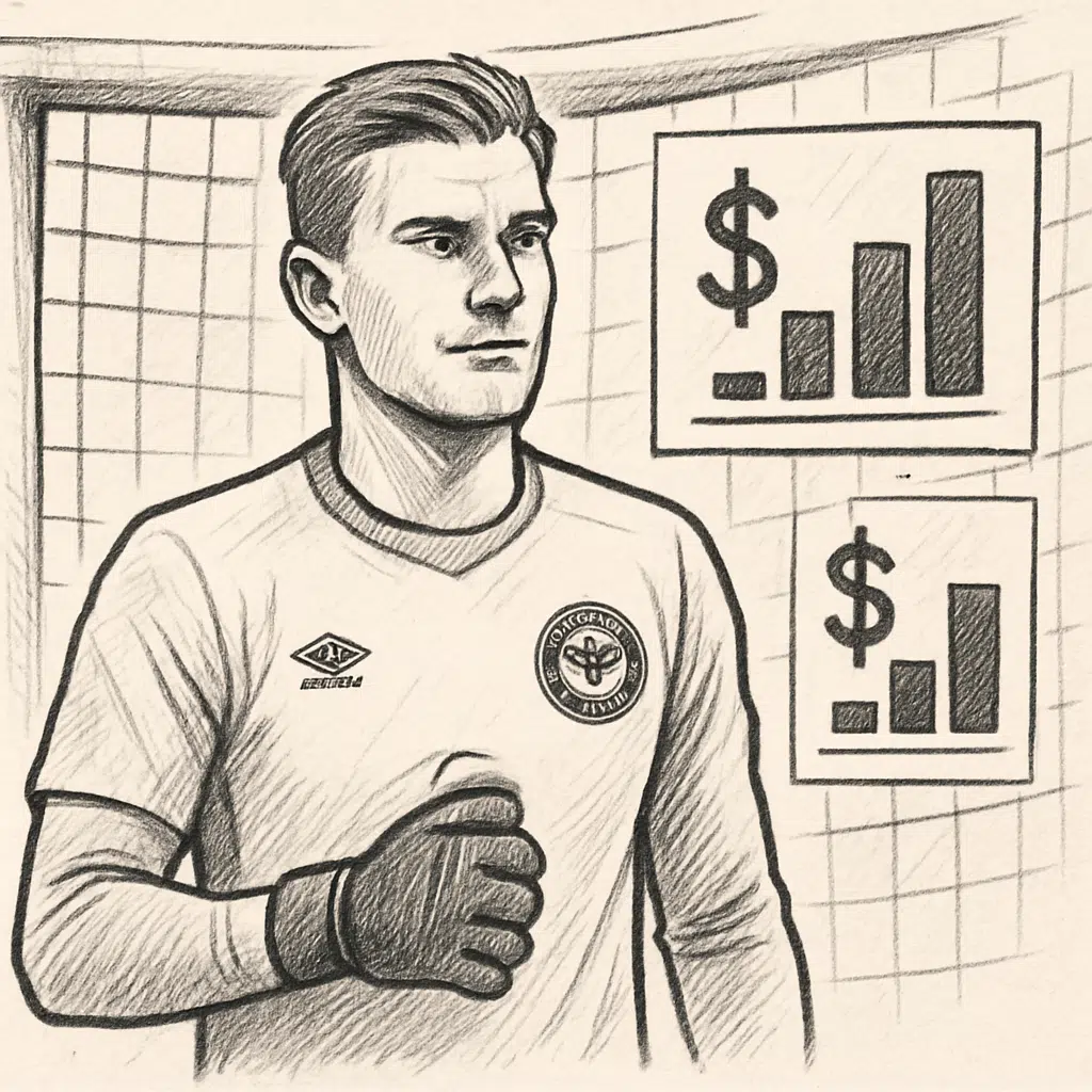 Portræt af Brentford-keeper Mads Hermansen i mål, symboliserer mads hermansen løn 2024: årlig og månedlig indtjening