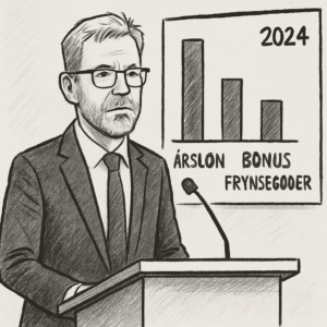 Mads Nipper løn – direktør ved talerstol med grafik over årsløn, bonus og frynsegoder i 2024