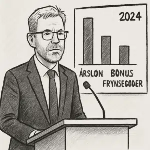 Mads Nipper løn – direktør ved talerstol med grafik over årsløn, bonus og frynsegoder i 2024