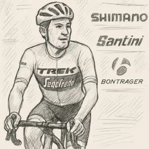 Mads Pedersen i Trek-Segafredo-trøje på cykel med sponsorlogoer i baggrunden, relateret til hans løn og sponsorater i 2024