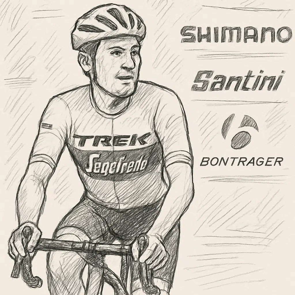 Mads Pedersen i Trek-Segafredo-trøje på cykel med sponsorlogoer i baggrunden, relateret til hans løn og sponsorater i 2024