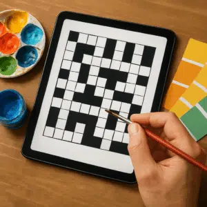 Maler krydsord på tablet med pensel, maling og farveprøver som visuelle ledetråde til løsning