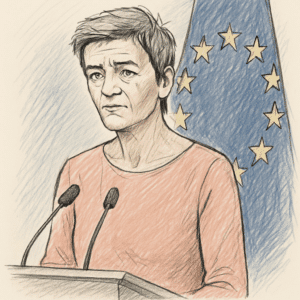 Margrethe Vestager foran EU-flag under pressemøde om Margrethe Vestager løn 2024