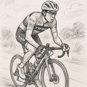 Mattias Skjelmose i sin professionelle cykeltrøje kører på landevej under et cykelløb