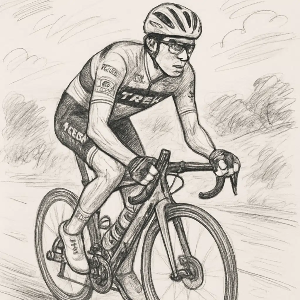 Mattias Skjelmose i sin professionelle cykeltrøje kører på landevej under et cykelløb
