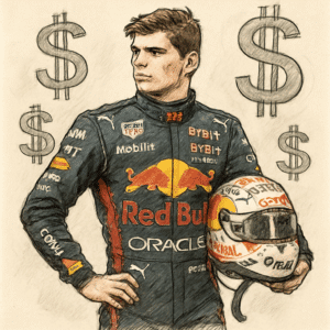 Max Verstappen i sit Red Bull-løbsoverall og hjelm ved pitstop, omgivet af sponsormærker, symboliserer hans millionløn i 2024