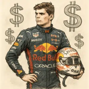 Max Verstappen i sit Red Bull-løbsoverall og hjelm ved pitstop, omgivet af sponsormærker, symboliserer hans millionløn i 2024