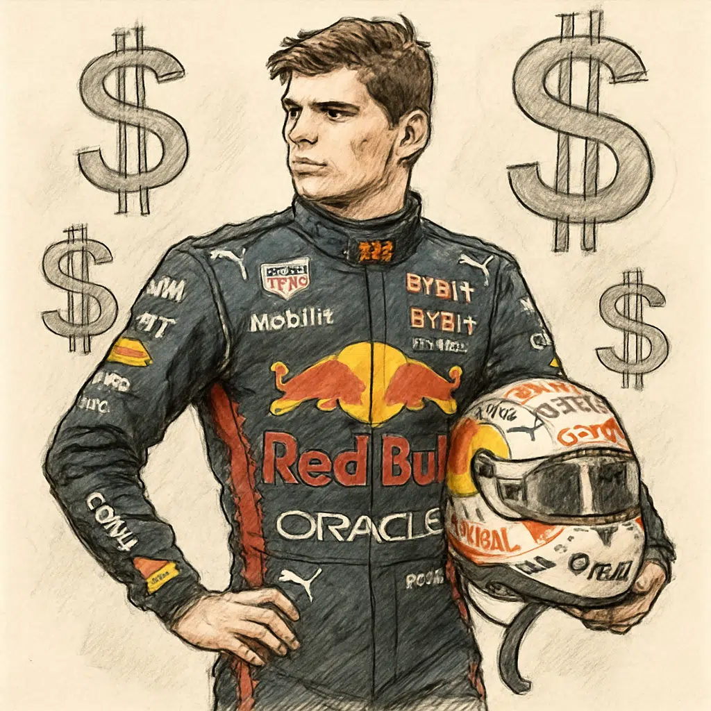 Max Verstappen i sit Red Bull-løbsoverall og hjelm ved pitstop, omgivet af sponsormærker, symboliserer hans millionløn i 2024
