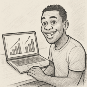 Melvin Kakooza ved sin laptop med grafer, der viser hans løn og YouTube-indkomst for 2024