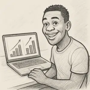 Melvin Kakooza ved sin laptop med grafer, der viser hans løn og YouTube-indkomst for 2024