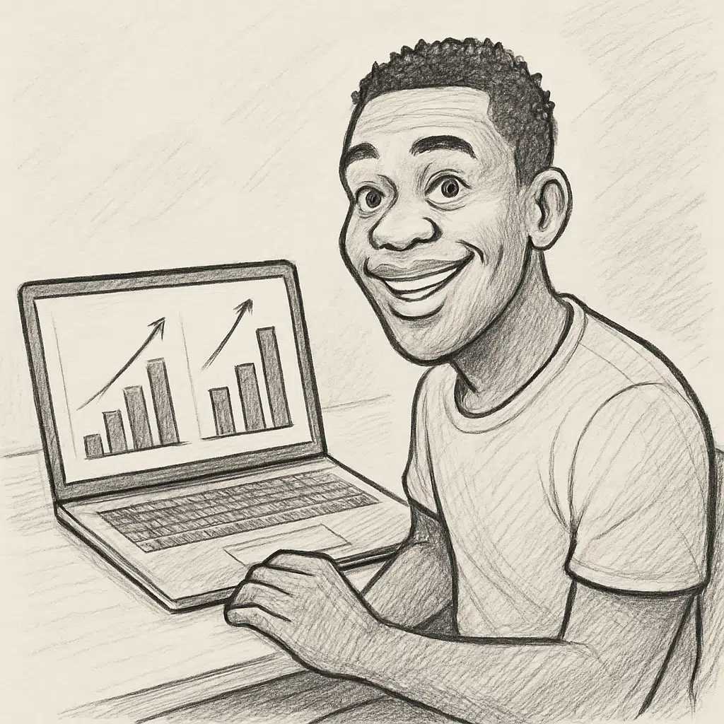 Melvin Kakooza ved sin laptop med grafer, der viser hans løn og YouTube-indkomst for 2024