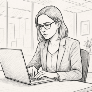 Praktikant hos Mette Grith Stage gennemgår sin løn på laptop i moderne kontormiljø.