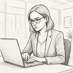 Praktikant hos Mette Grith Stage gennemgår sin løn på laptop i moderne kontormiljø.
