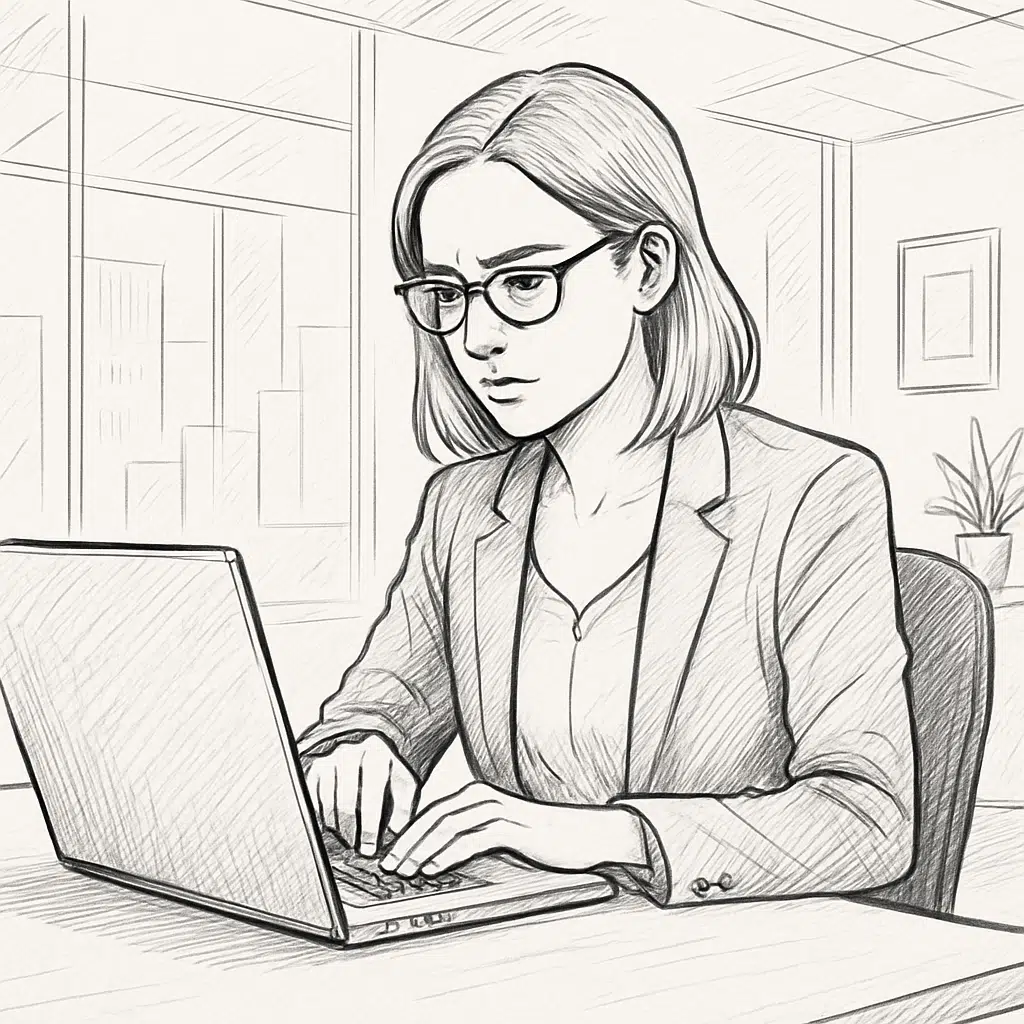Praktikant hos Mette Grith Stage gennemgår sin løn på laptop i moderne kontormiljø.