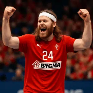 Mikkel Hansen løn 2024: håndboldstjernen jubler i dansk landsholdstrøje under kamp