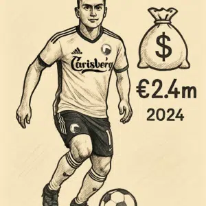 Mohamed Elyounoussi i FCK-trøje med bold ved fødderne, der illustrerer hans lønforhold og årsløn i 2024.