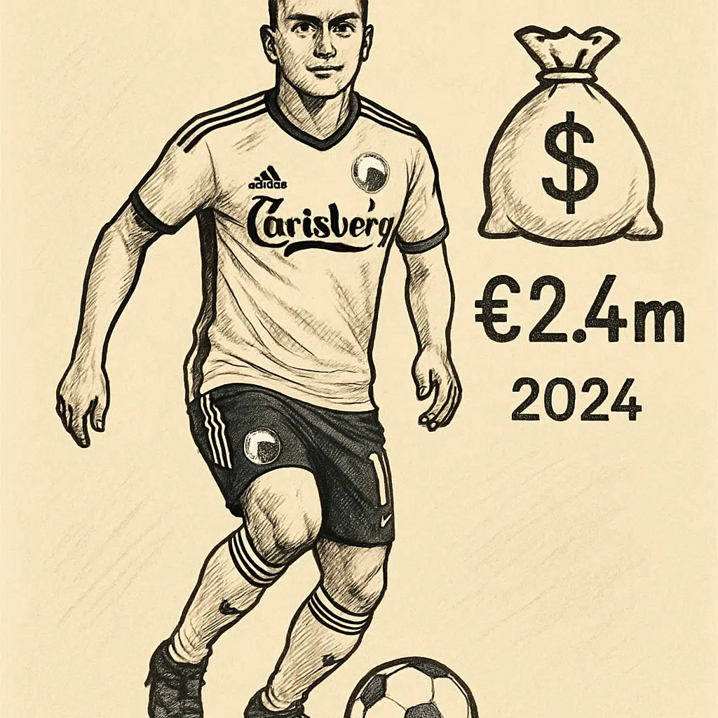 Mohamed Elyounoussi i FCK-trøje med bold ved fødderne, der illustrerer hans lønforhold og årsløn i 2024.