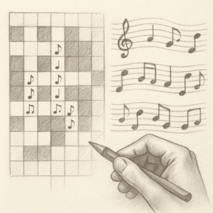 Håndtegnet krydsord og nodeark, der illustrerer løsningen af et musikstykke i krydsordet