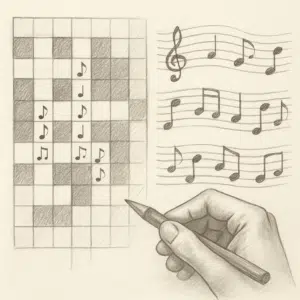 Håndtegnet krydsord og nodeark, der illustrerer løsningen af et musikstykke i krydsordet
