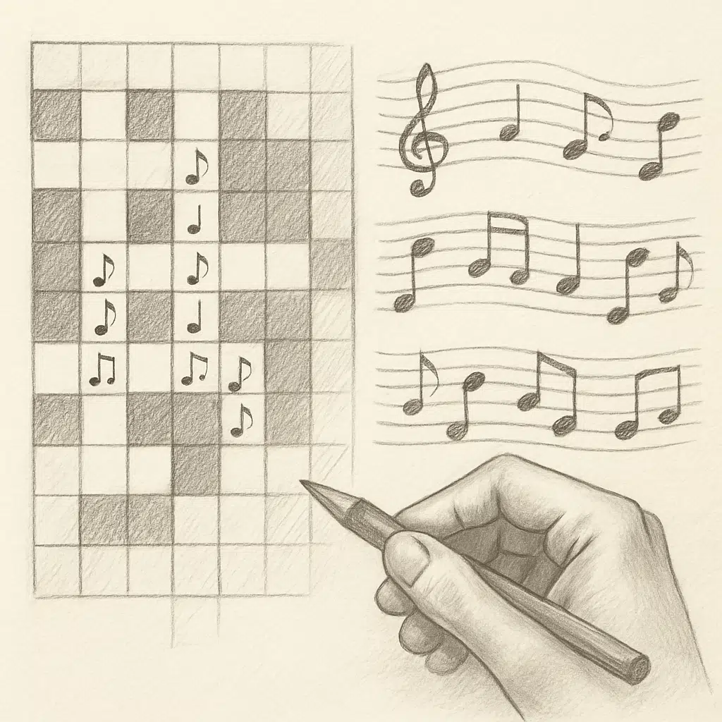 Håndtegnet krydsord og nodeark, der illustrerer løsningen af et musikstykke i krydsordet