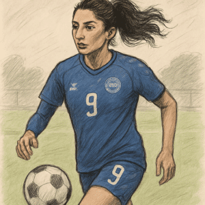 Nadia Nadim i blå Danmark-trøje på fodboldbanen med bold – tema om Nadia Nadim løn 2024