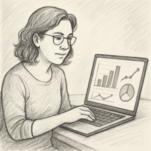 NicoleJ Krickau sidder ved skrivebord og gennemgår lønstatistik på bærbar computer med grafer.