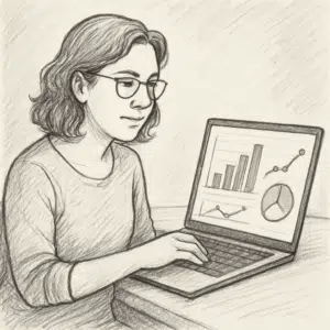 NicoleJ Krickau sidder ved skrivebord og gennemgår lønstatistik på bærbar computer med grafer.