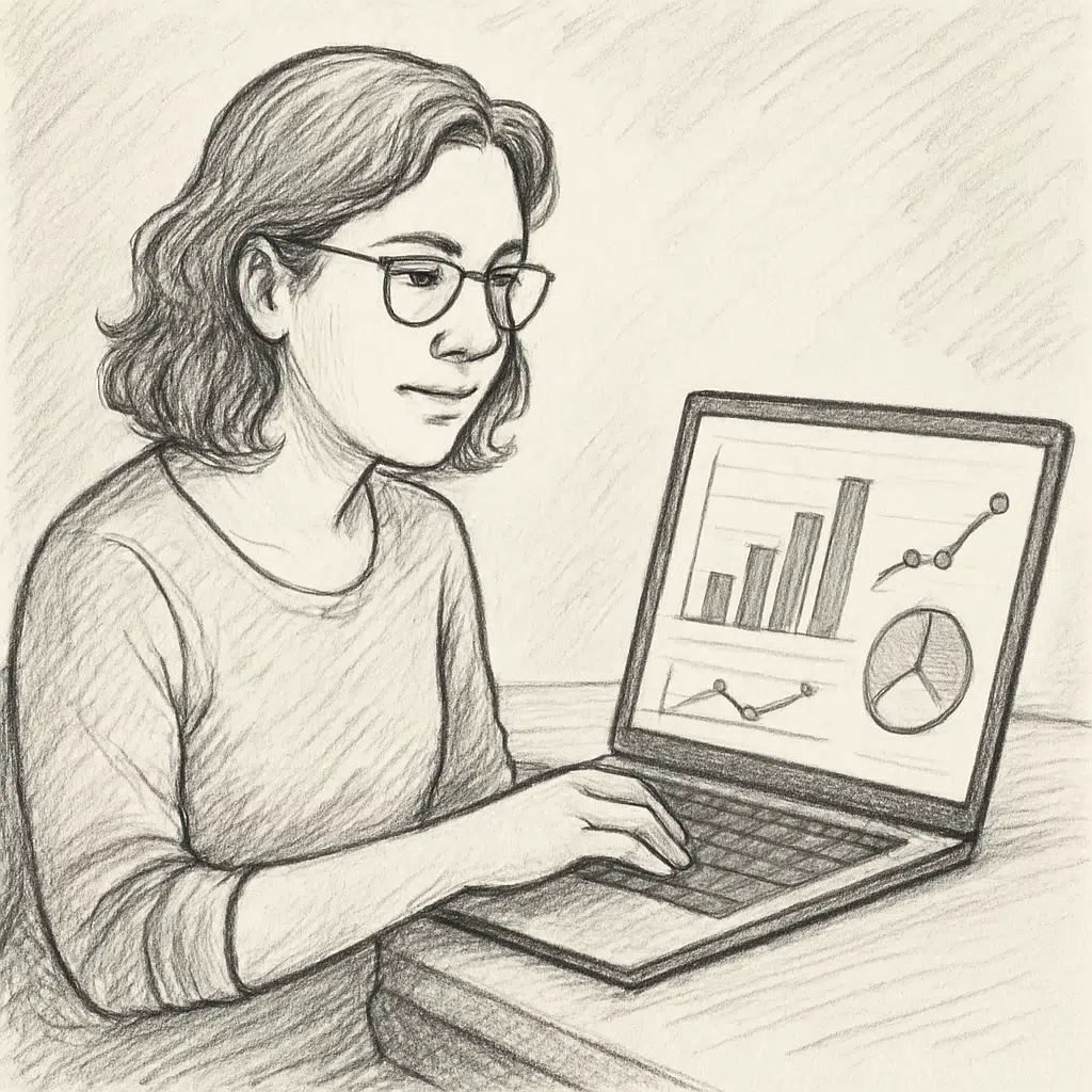 NicoleJ Krickau sidder ved skrivebord og gennemgår lønstatistik på bærbar computer med grafer.